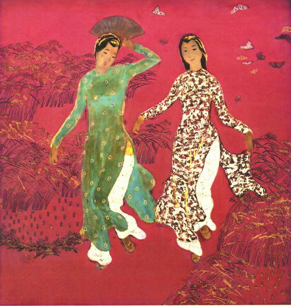 Tác phẩm Hai thiếu nữ đi trên đồng lúa, sơn mài, 1943-1944- nguyen tien chung